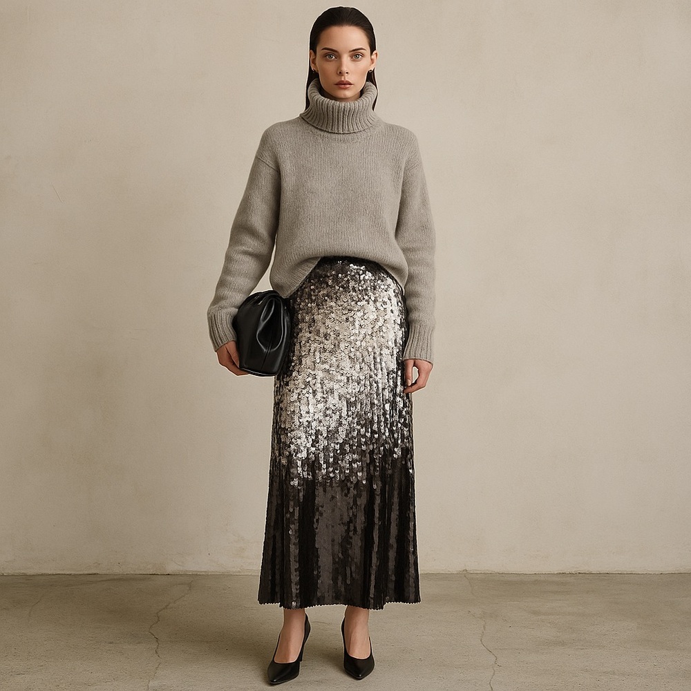 Elegant Black and Silver Sequin Skirt